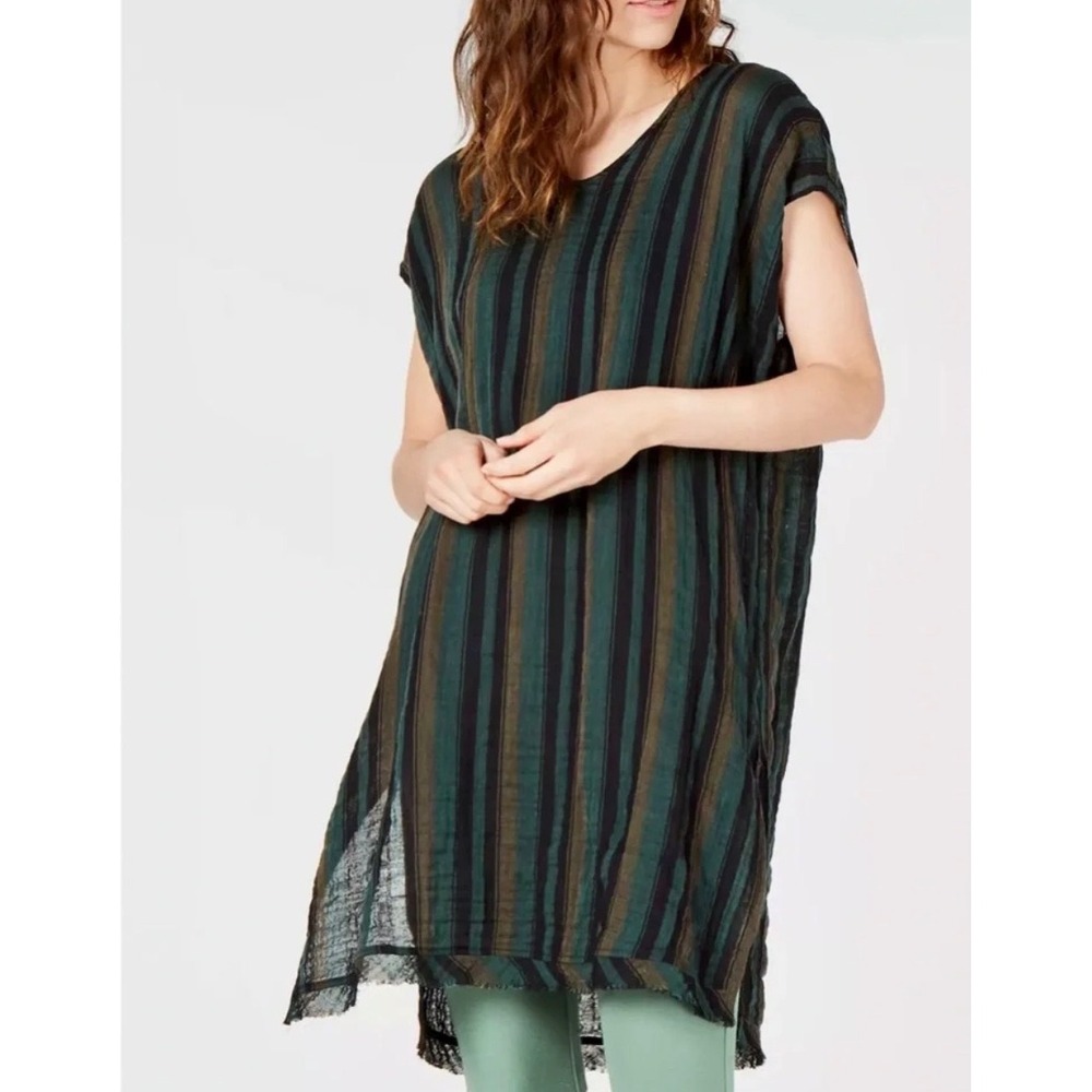 Eileen Fisher Tunic Green Striped V-Neck Raw Hem Gauze Top S/M Lagenlook Artsy